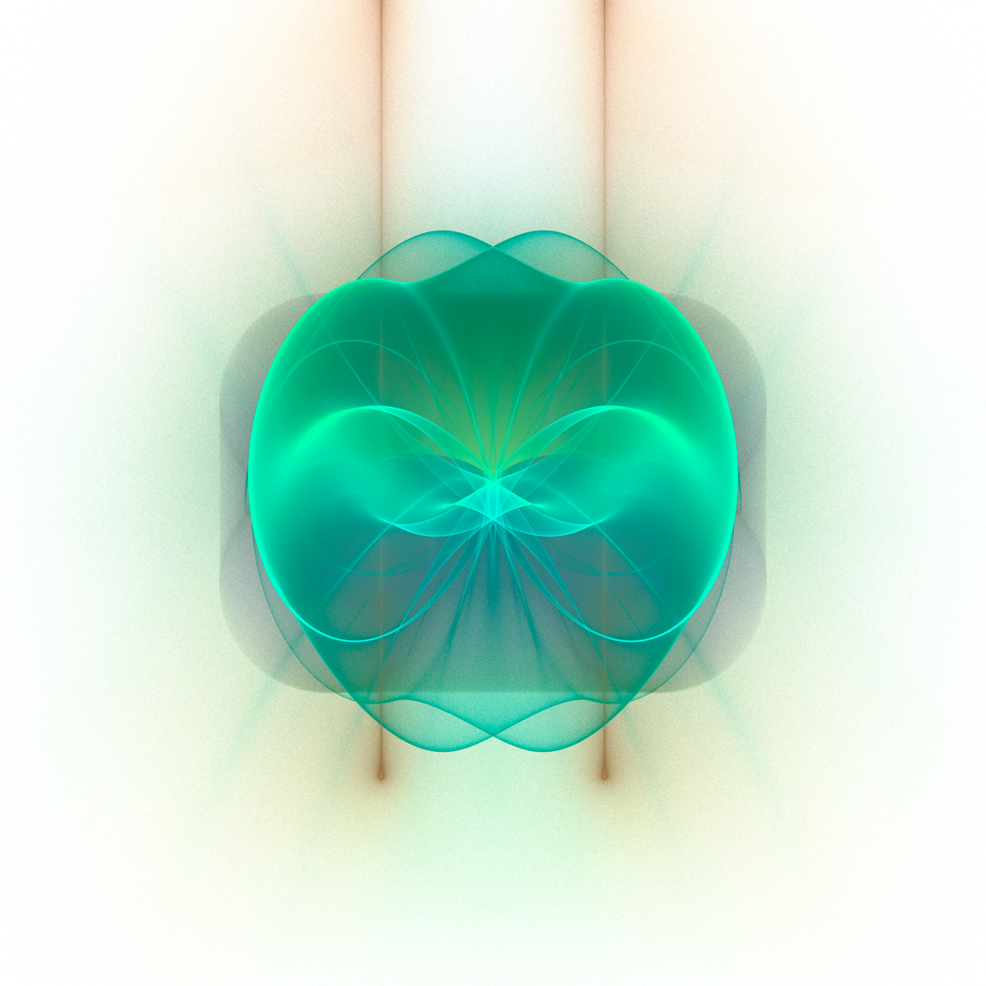 A bright turquoise shape floats against a white background
