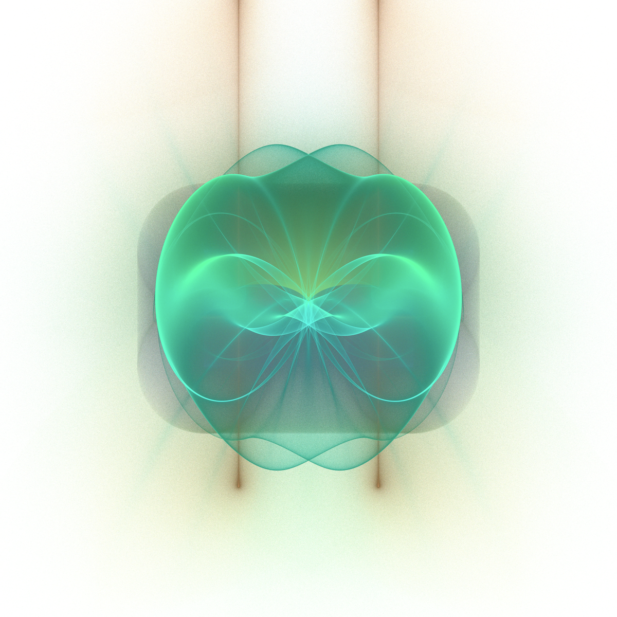 A bright turquoise shape floats against a white background