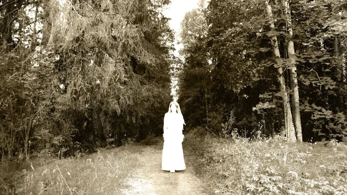 Figure in white dress on path through trees