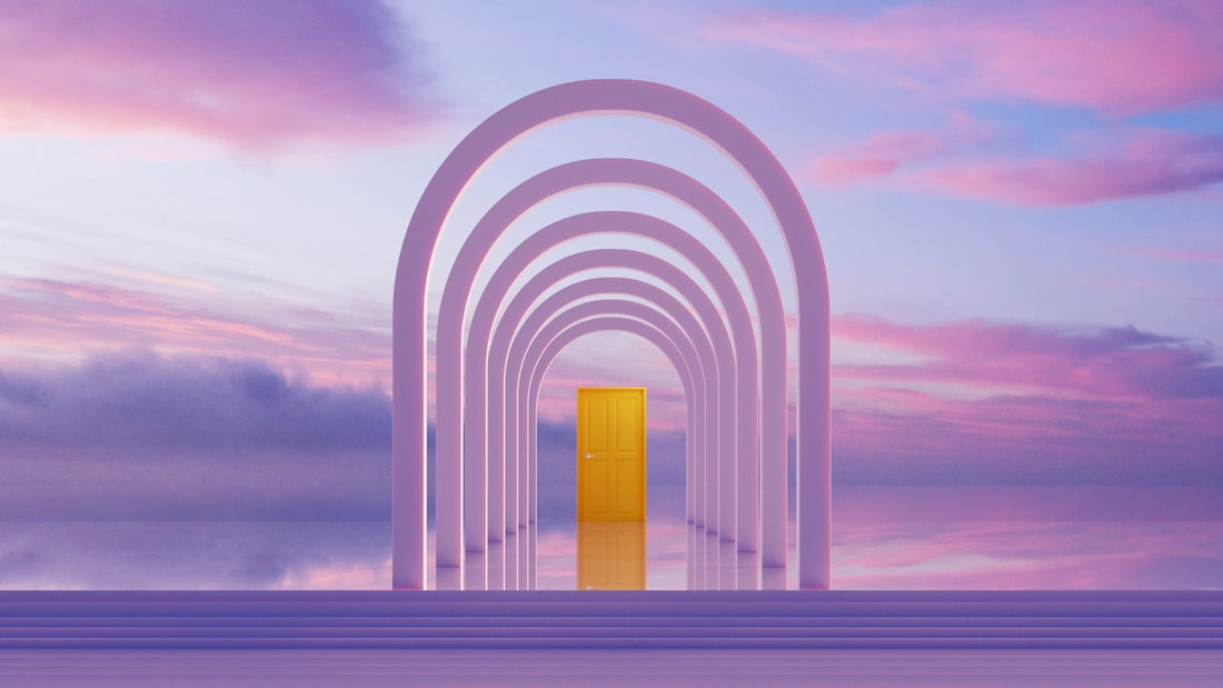 Archway leading to a golden door at sunset