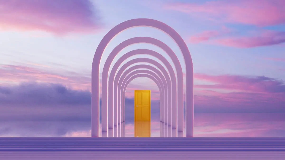 Archway leading to a golden door at sunset