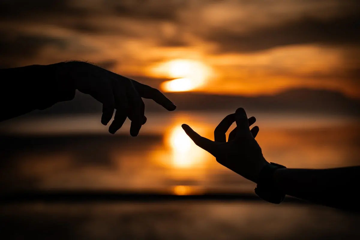 Two hands reaching for each other at sunset