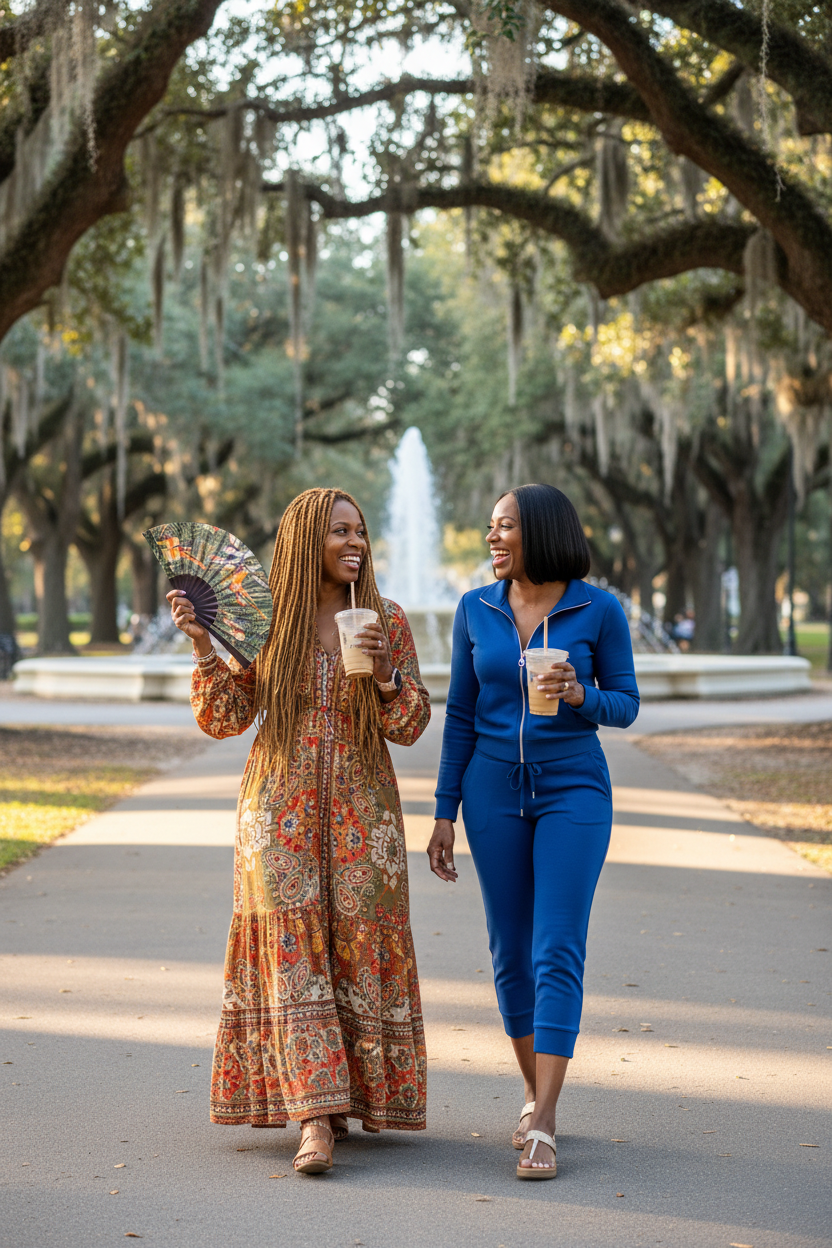 Two Black women in their late 40s walking through a park, dressed in stylish boho attire, representing women in midlife wellness and transition