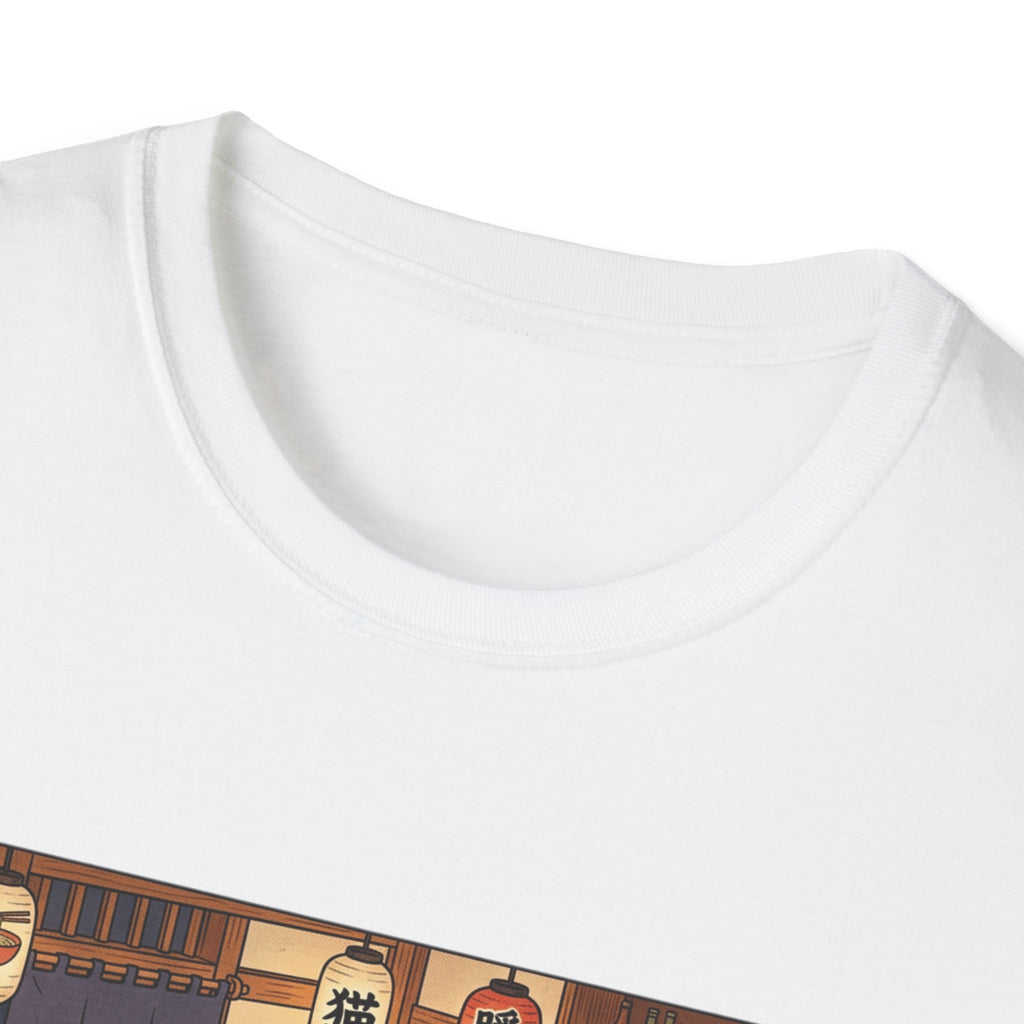 Cat Ramen Shop T-Shirt | Cute Anime Cats Eating Ramen, Retro Japanese Cafe Scene