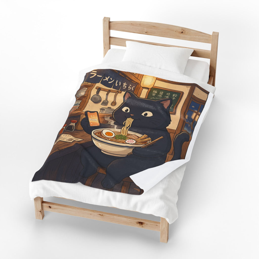 Black Cat Eating Ramen Velveteen Plush Blanket | Kawaii Anime Neko Bowl