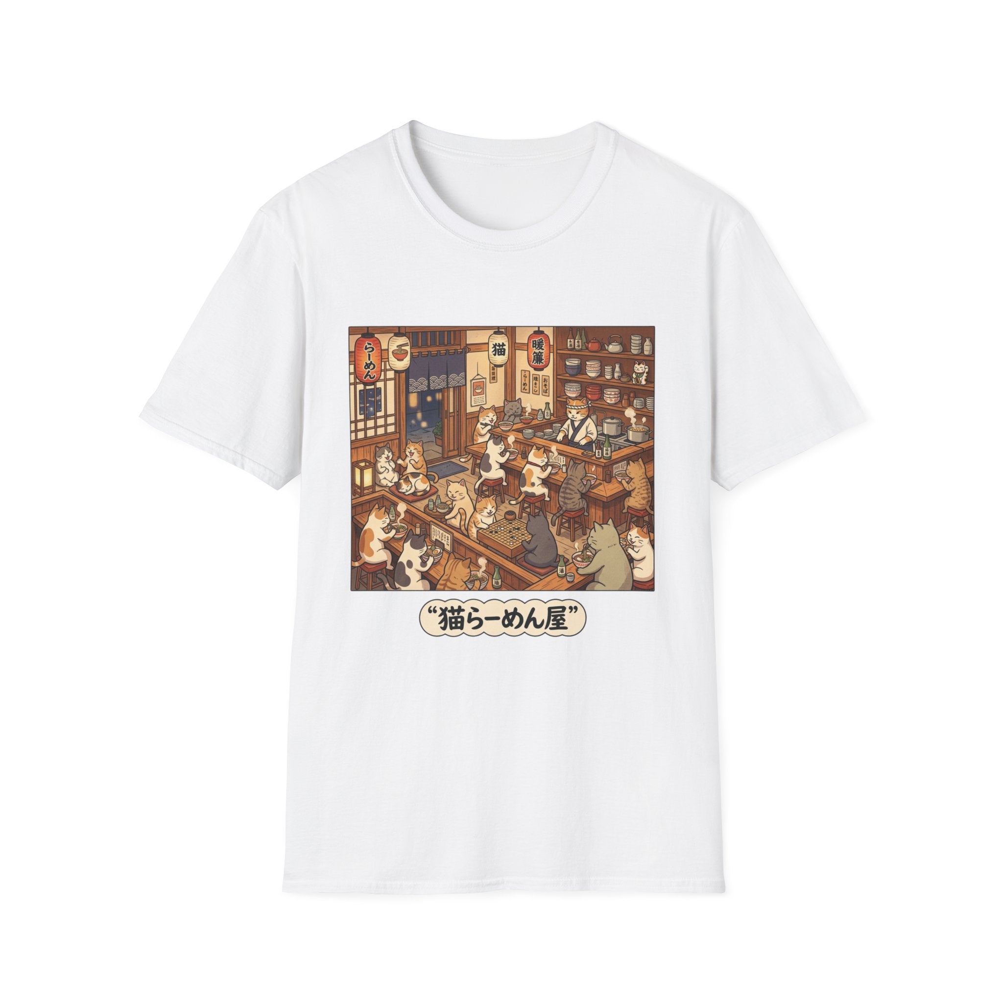 Cat Ramen Shop T-Shirt | Cute Anime Cats Eating Ramen, Retro Japanese Cafe Scene
