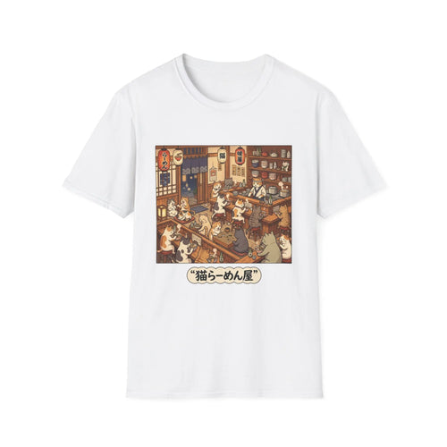 Cat Ramen Shop T-Shirt | Cute Anime Cats Eating Ramen, Retro Japanese Cafe Scene Printify