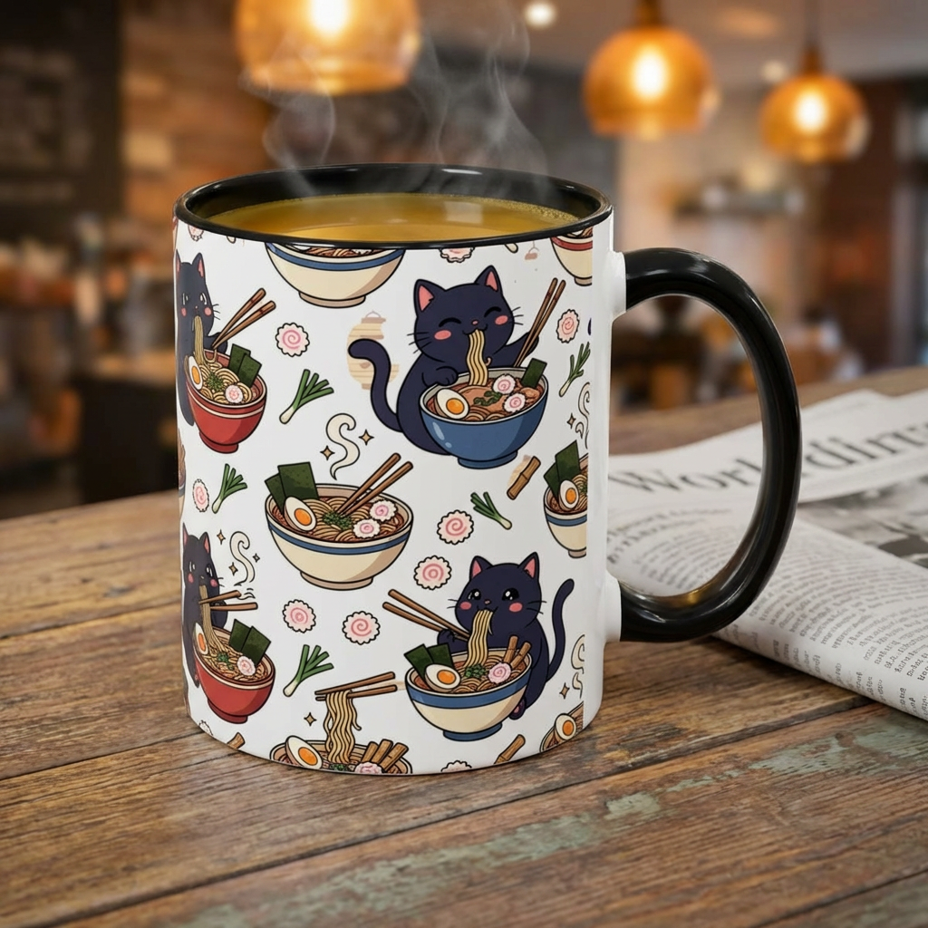 Kawaii Black Cat Ramen Mug | Accent Coffee Mug