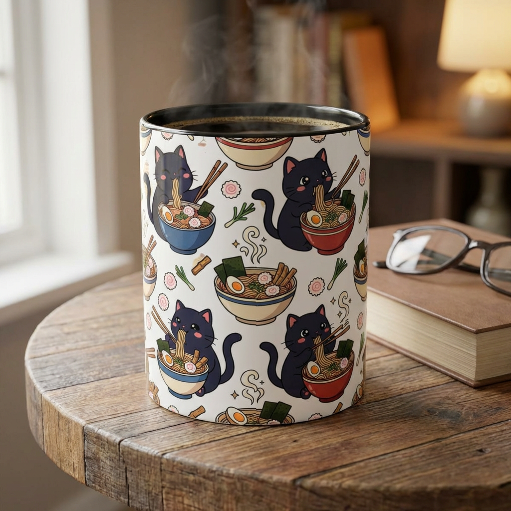 Kawaii Black Cat Ramen Mug | Accent Coffee Mug