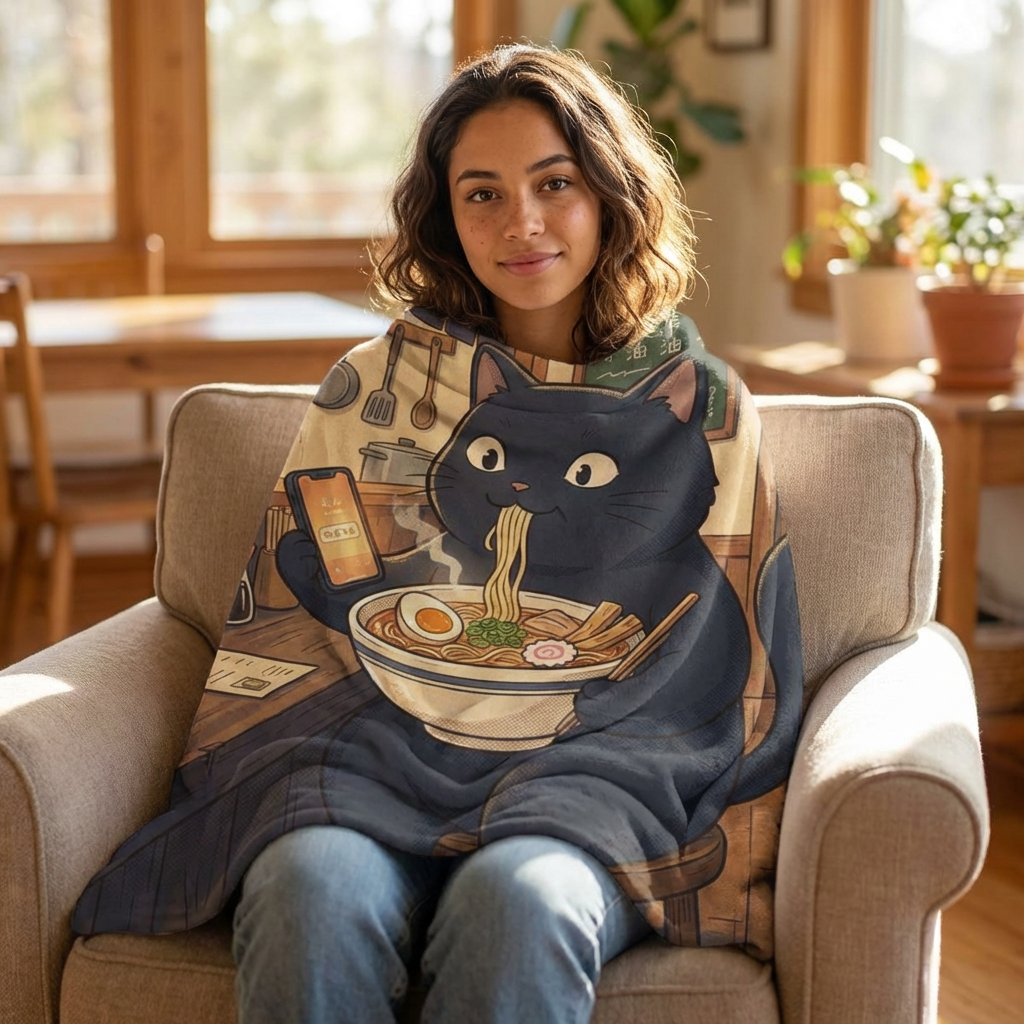 Black Cat Eating Ramen Velveteen Plush Blanket | Kawaii Anime Neko Bowl