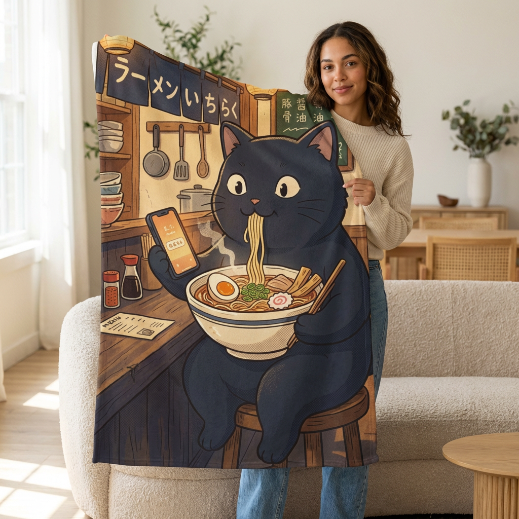 Black Cat Eating Ramen Velveteen Plush Blanket | Kawaii Anime Neko Bowl