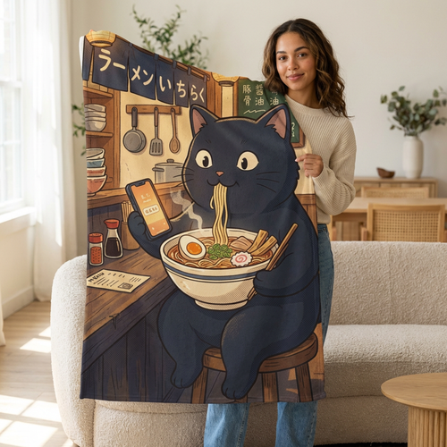 Black Cat Eating Ramen Velveteen Plush Blanket | Kawaii Anime Neko Bowl