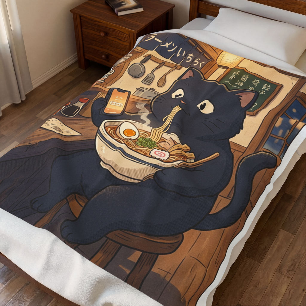 Black Cat Eating Ramen Velveteen Plush Blanket | Kawaii Anime Neko Bowl
