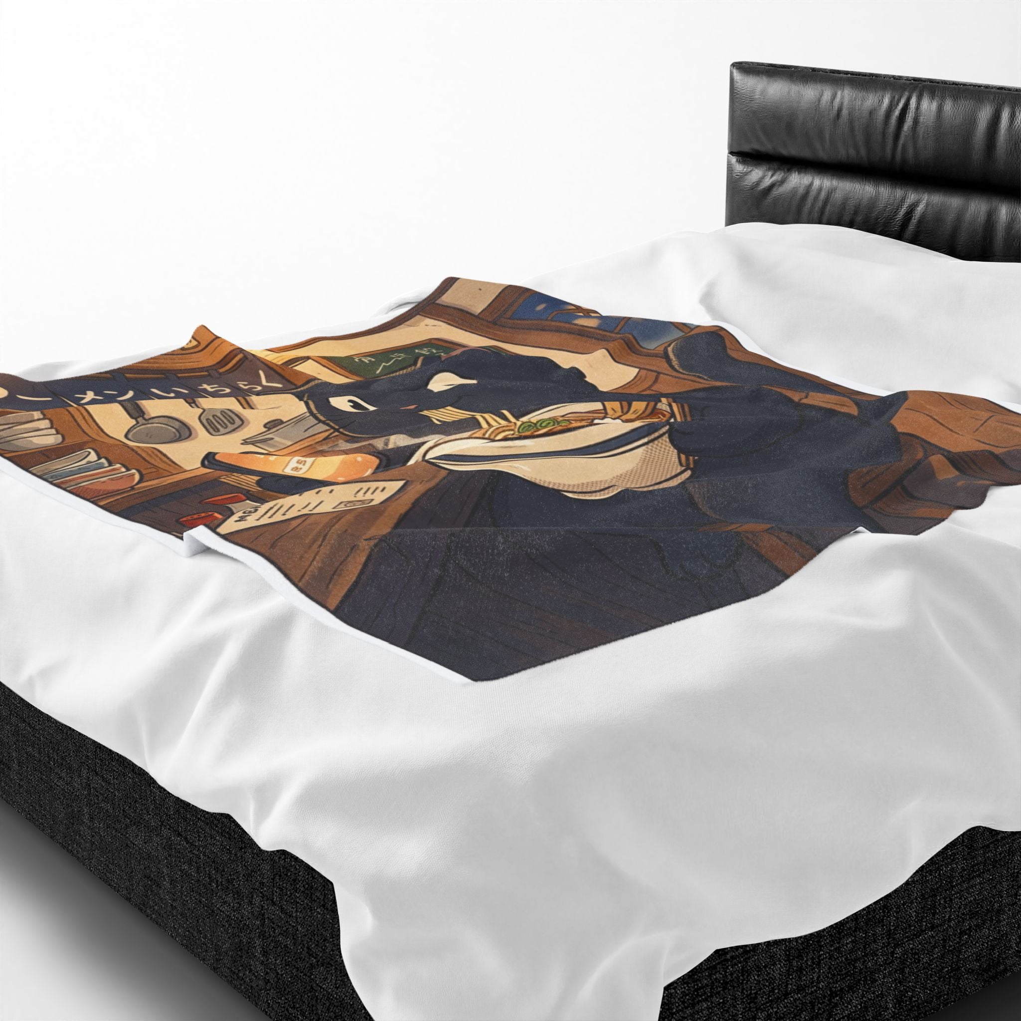 Black Cat Eating Ramen Velveteen Plush Blanket | Kawaii Anime Neko Bowl