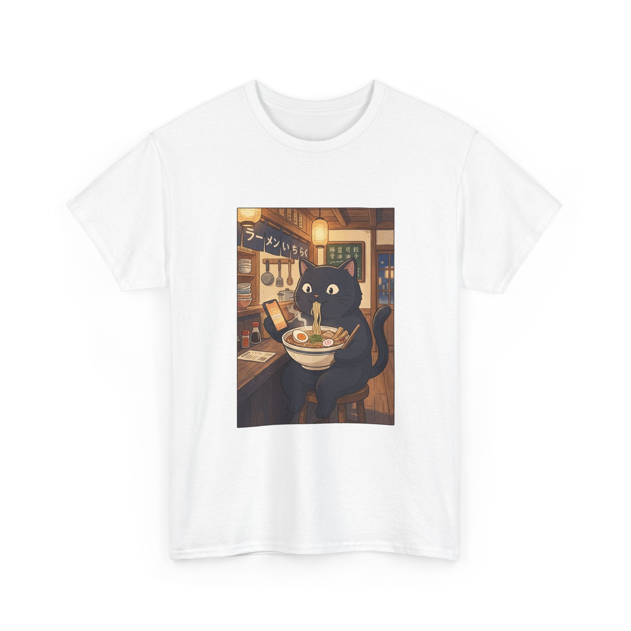 Black Cat Eating Ramen Tee | Cute Anime Cat Noodle Bowl Shirt