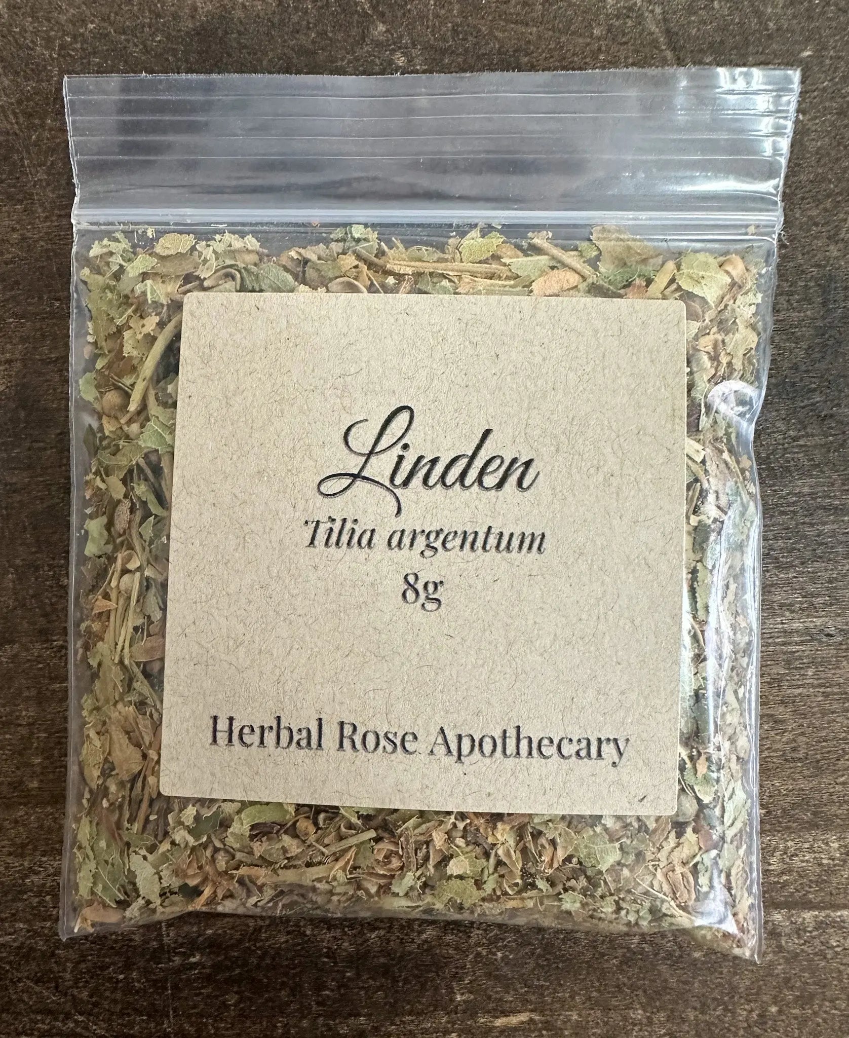 8g bag of dried linden flower tea from Black Lion Botanicals