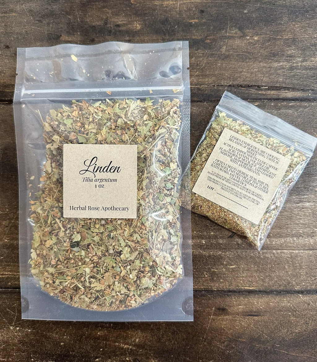 Dried linden flowers (Tilia argentum) in a bowl, light floral botanical for tea